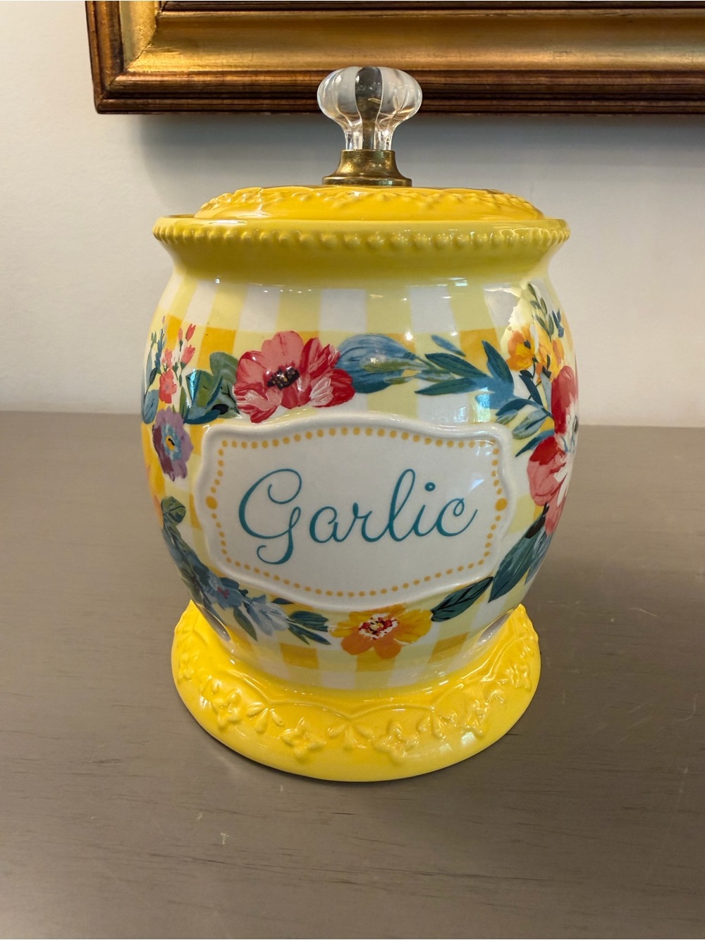 Pioneer Woman Sweet Romance Garlic Keeper Clear Knob Lid Ceramic Yellow Kitchen